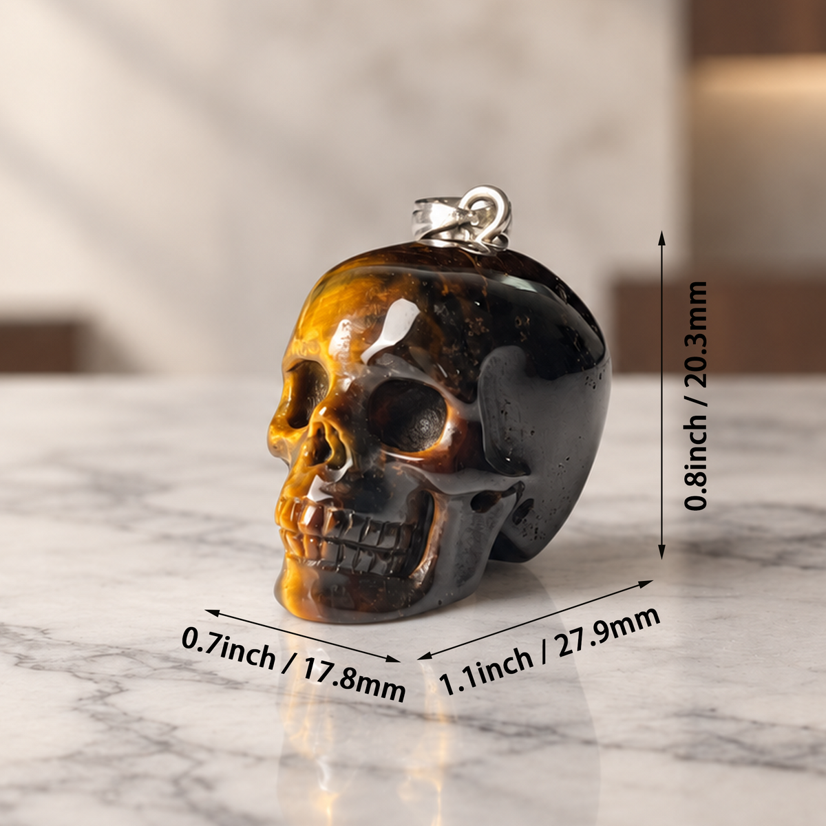 Tiger Eye Stone Human Skull Pendent