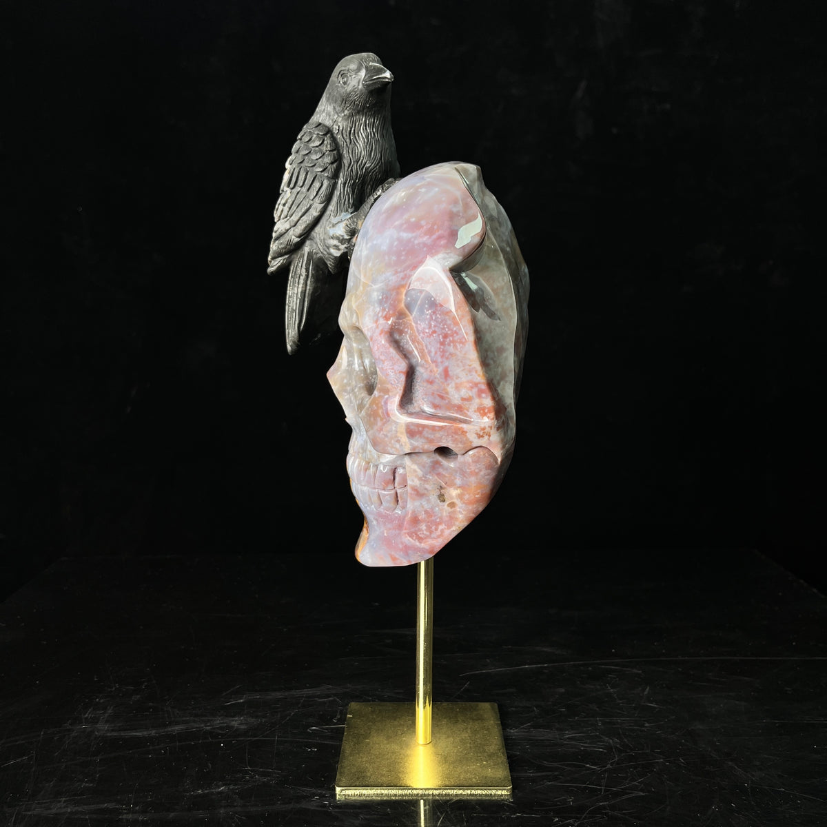 The Twofold Witness — Indian Agate Human Skull & Raven Sculpture · Specimen No. 61
