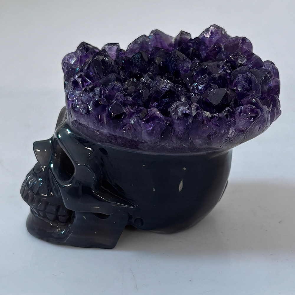 3 inch Amethyst Cluster Crown Crystal Skull - Hand Carved Natrual Crystal