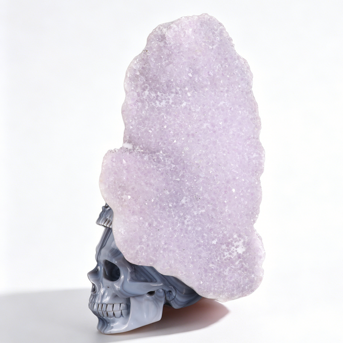 ‘The Owl of Minerva’ - Hand-Carved Agate Owl and Stacked Skulls on Amethyst Druzy Slab · Specimen No. 11