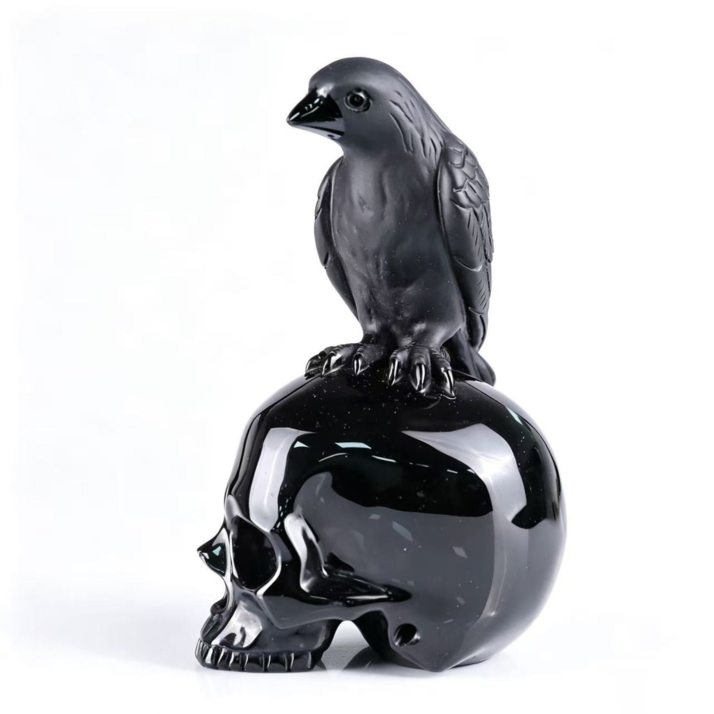 Black Obsidian Crystal Skull with Raven