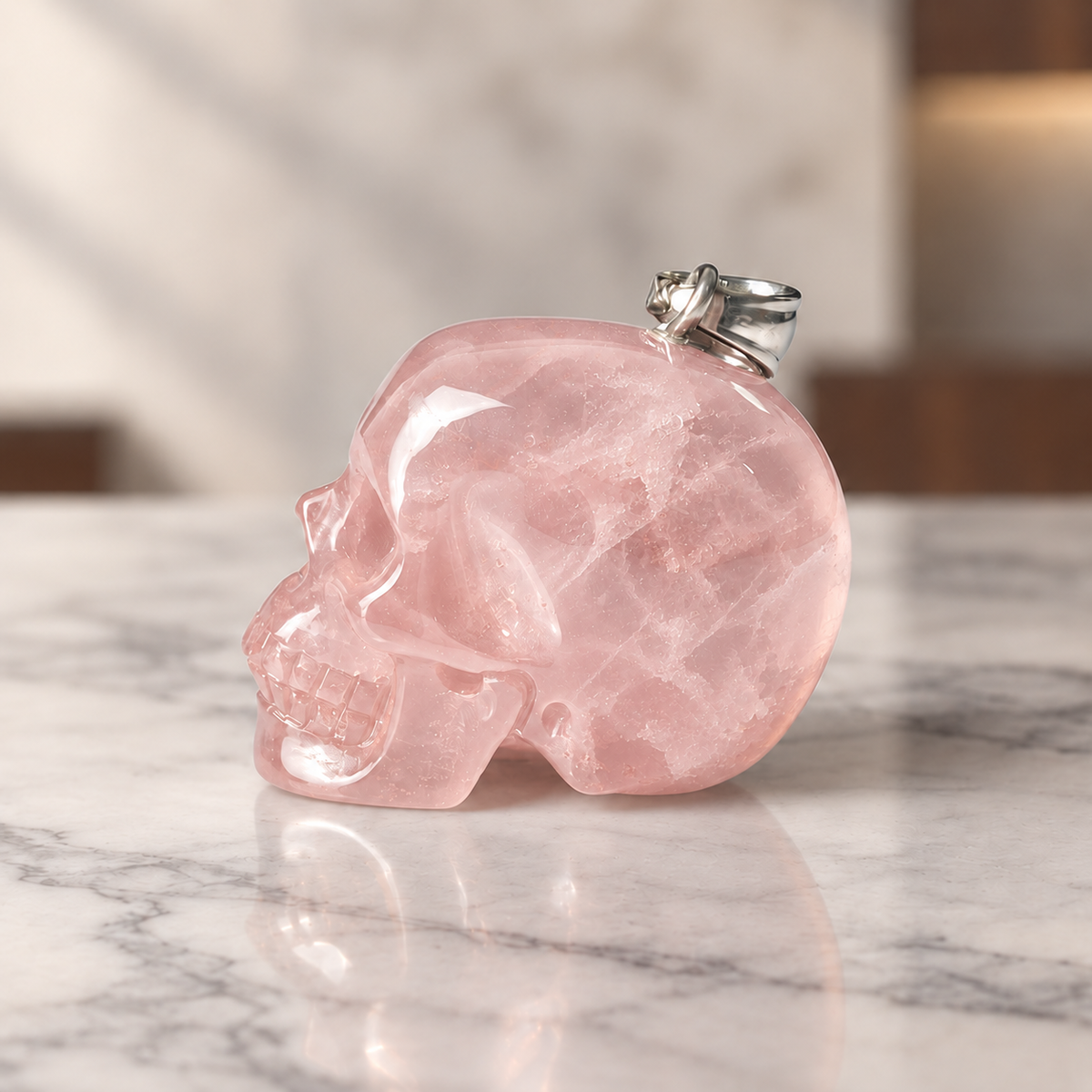 Rose Quartz Human Skull Pendant