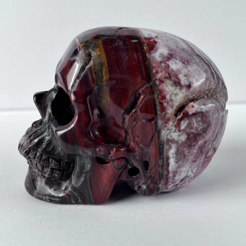 Crâne en cristal d'agate Crazy Lace rouge de 7,6 cm (3 pouces) – Pierre naturelle sculptée à la main