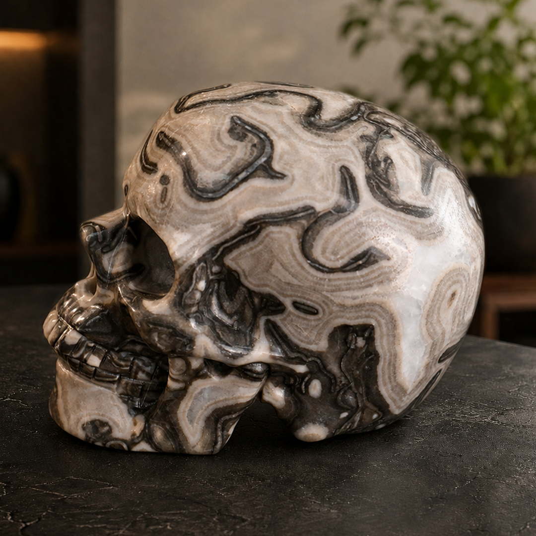 4.5 Inch Black Crazy Lace Agate Crystal Skull – Hand Carved Natural Stone