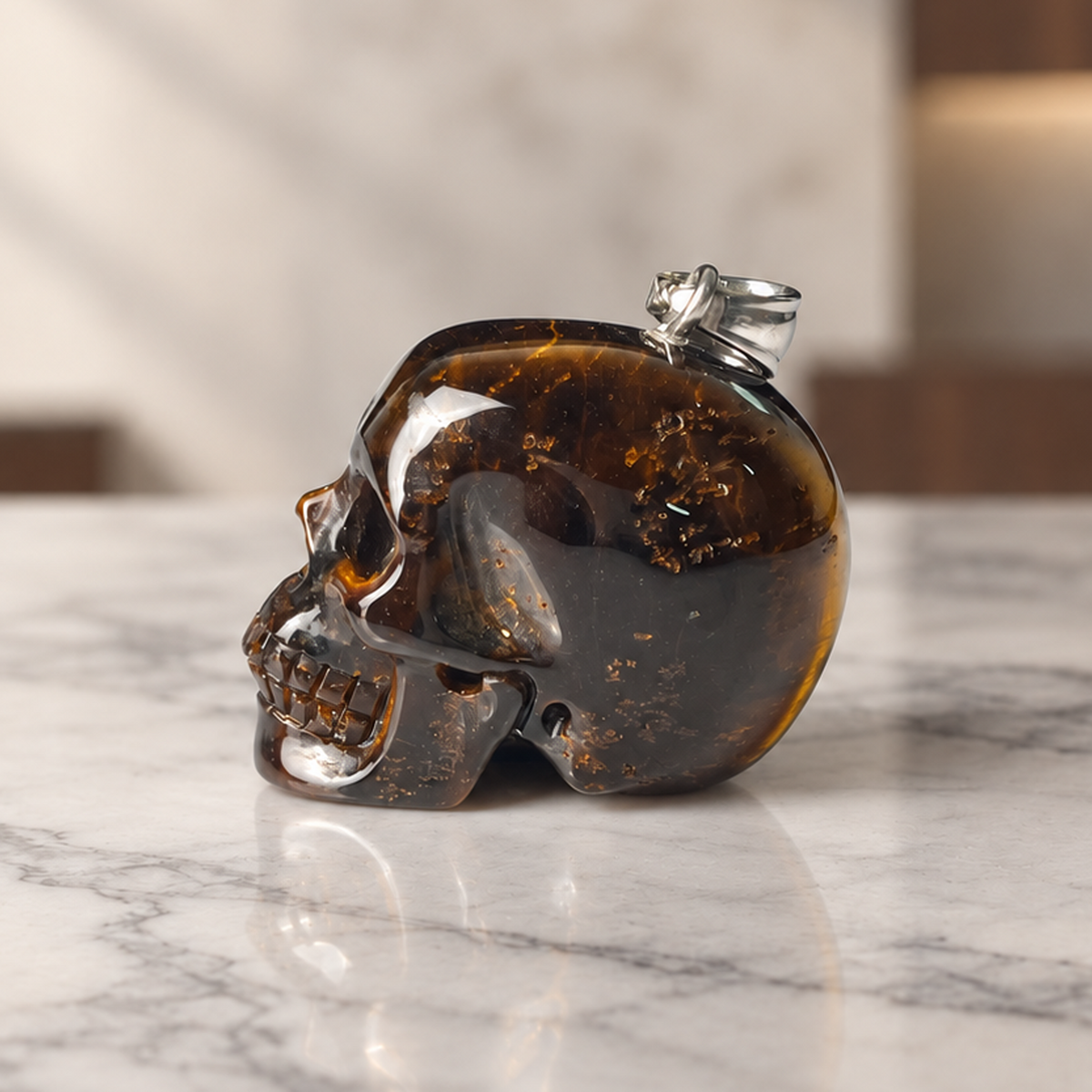 Tiger Eye Stone Human Skull Pendent
