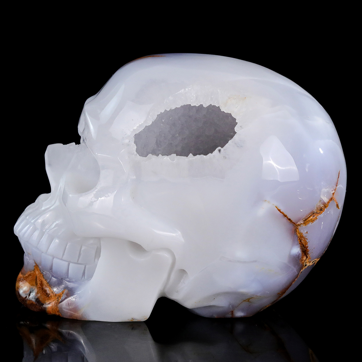 ‘Glacial Sanctum’ - Hand-Carved Ice-Blue Chalcedony Geode Skull · Specimen No. 33