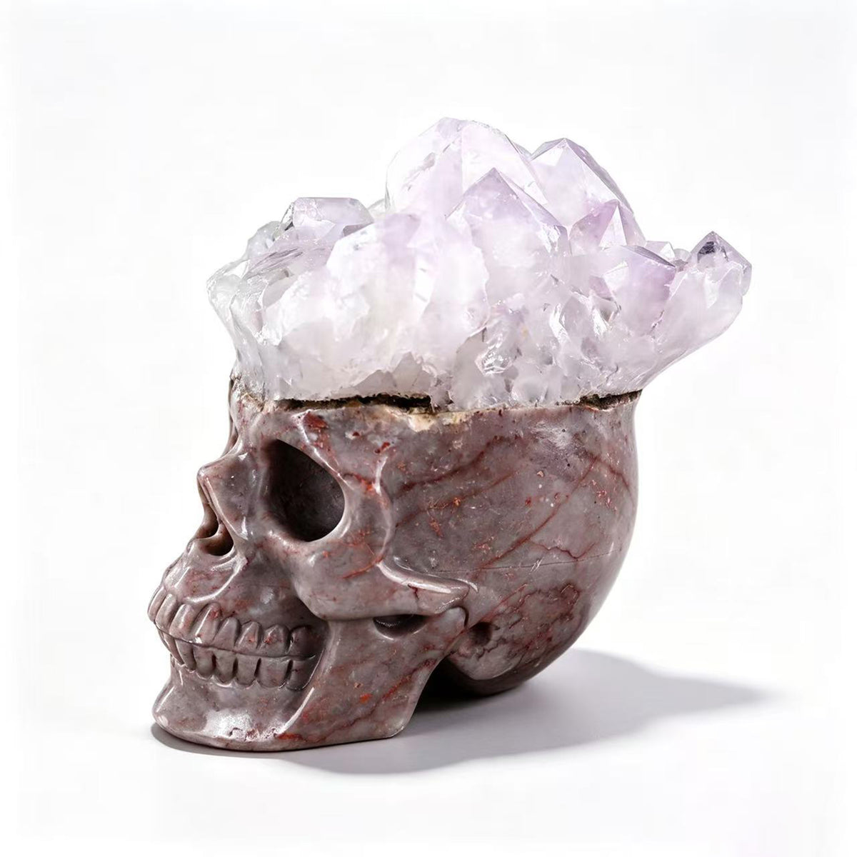 ‘Prismatic Peak’ - Pink Agate Skull with Raw Amethyst Points · Specimen No. 10