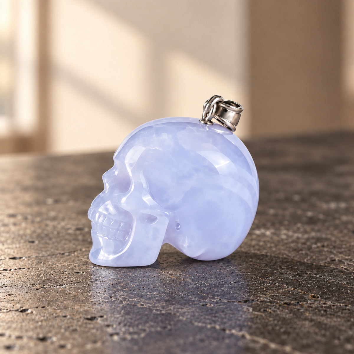 Blue Chalcedony Human Skull Pendant