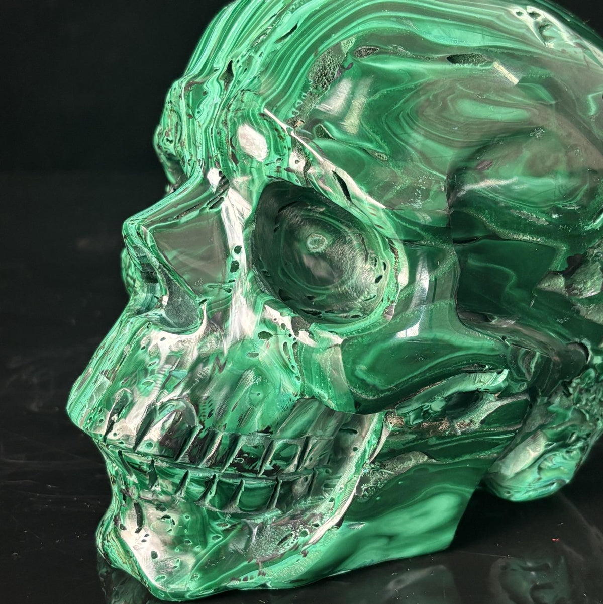 ‘The Peacock’s Gaze’ — Hand-Carved Malachite Skull · Specimen No. 62