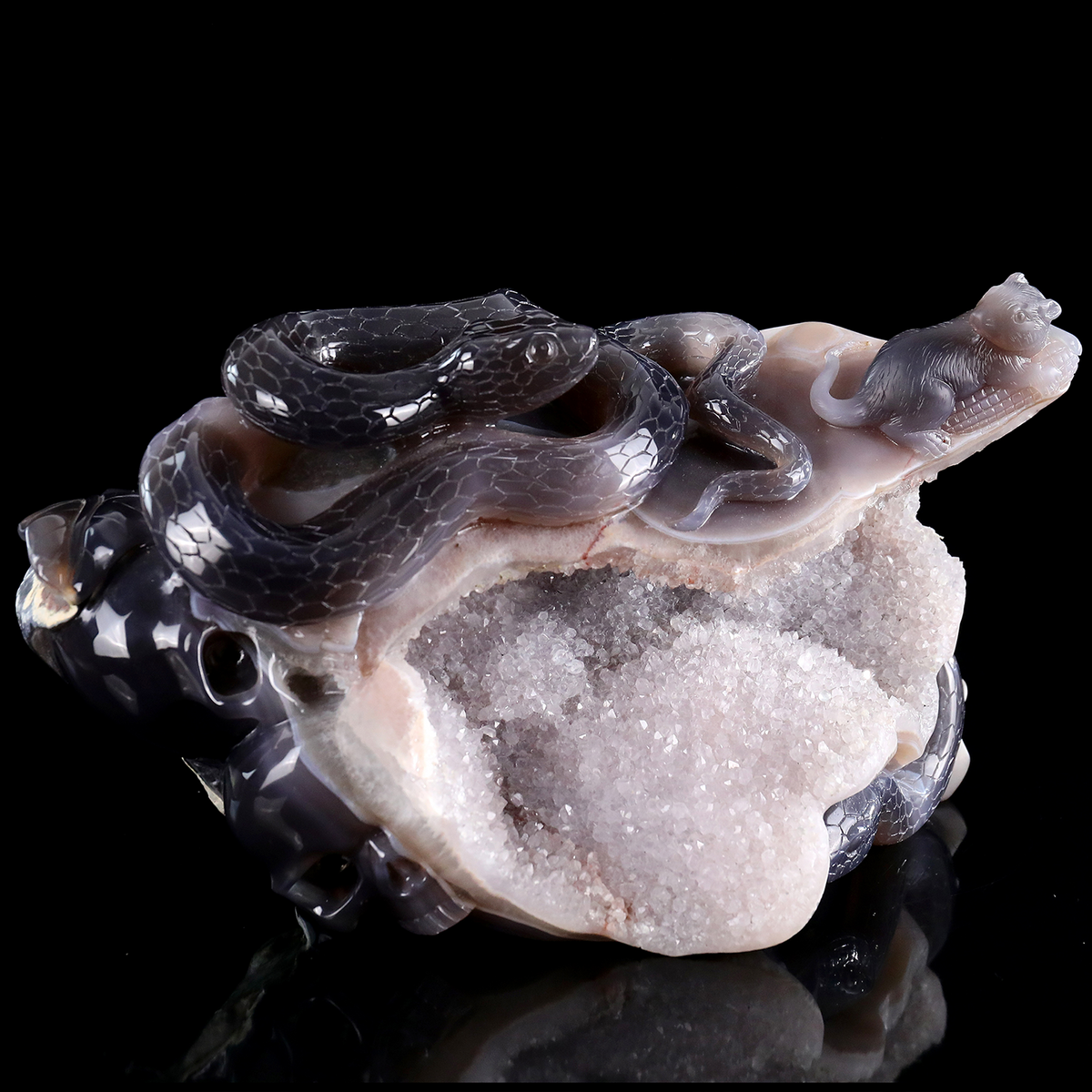 'The Silent Stare’ - Agate Serpent and Mouse on Quartz Geode · Specimen No. 21