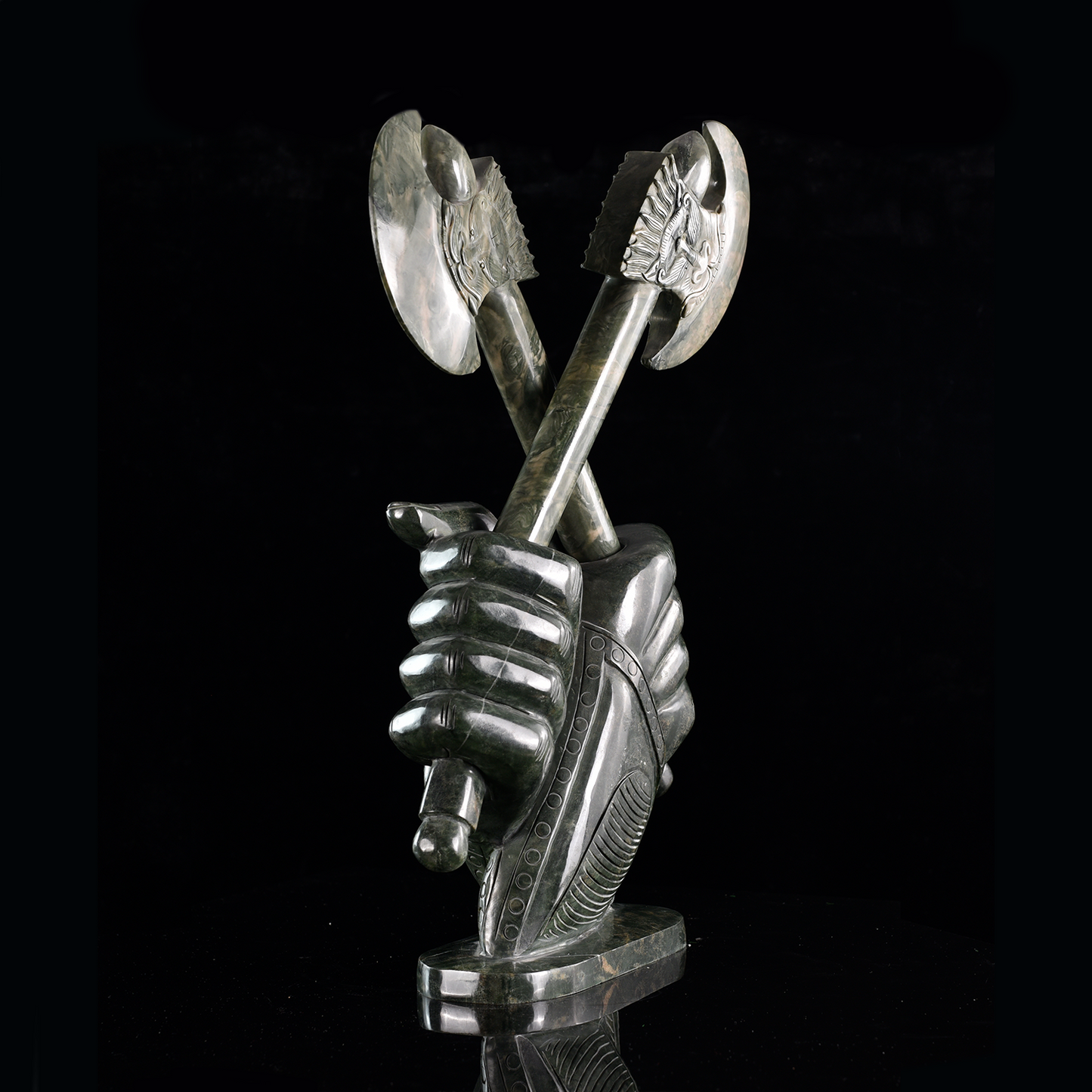 ‘Warlord’s Vow’ - Nine Dragon Jasper Armored Hands with Crossed Axes · Specimen No. 06