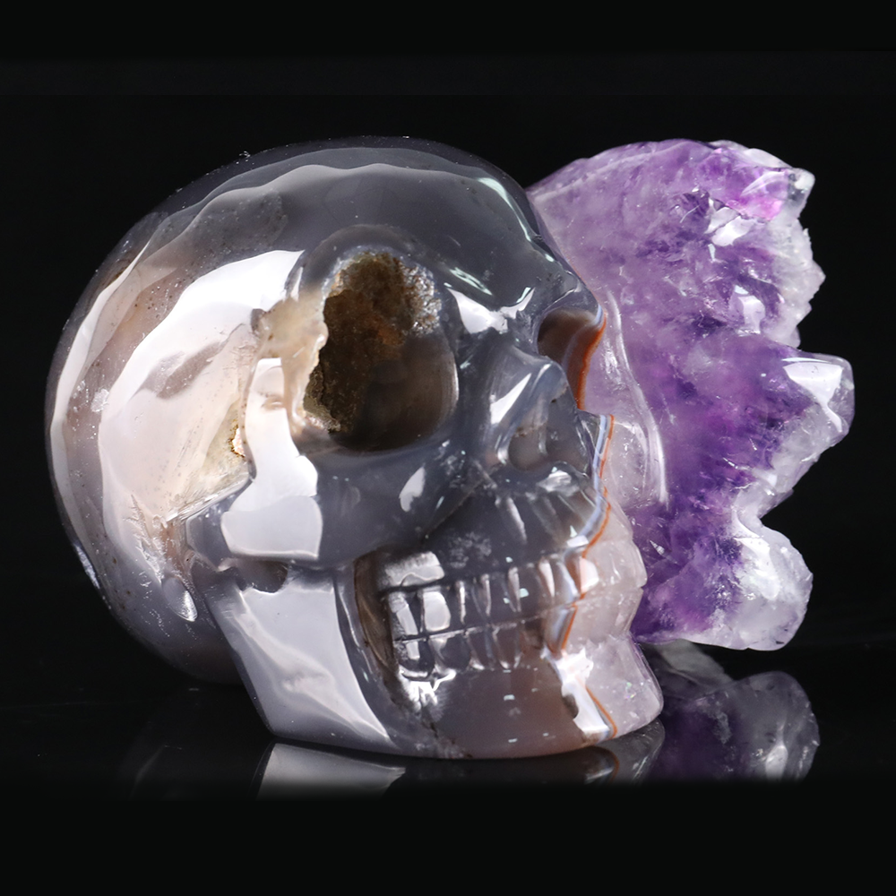 3 inch Amethyst Cluster Half Face Crystal Skull-Hand Ceved Natrual Crystal