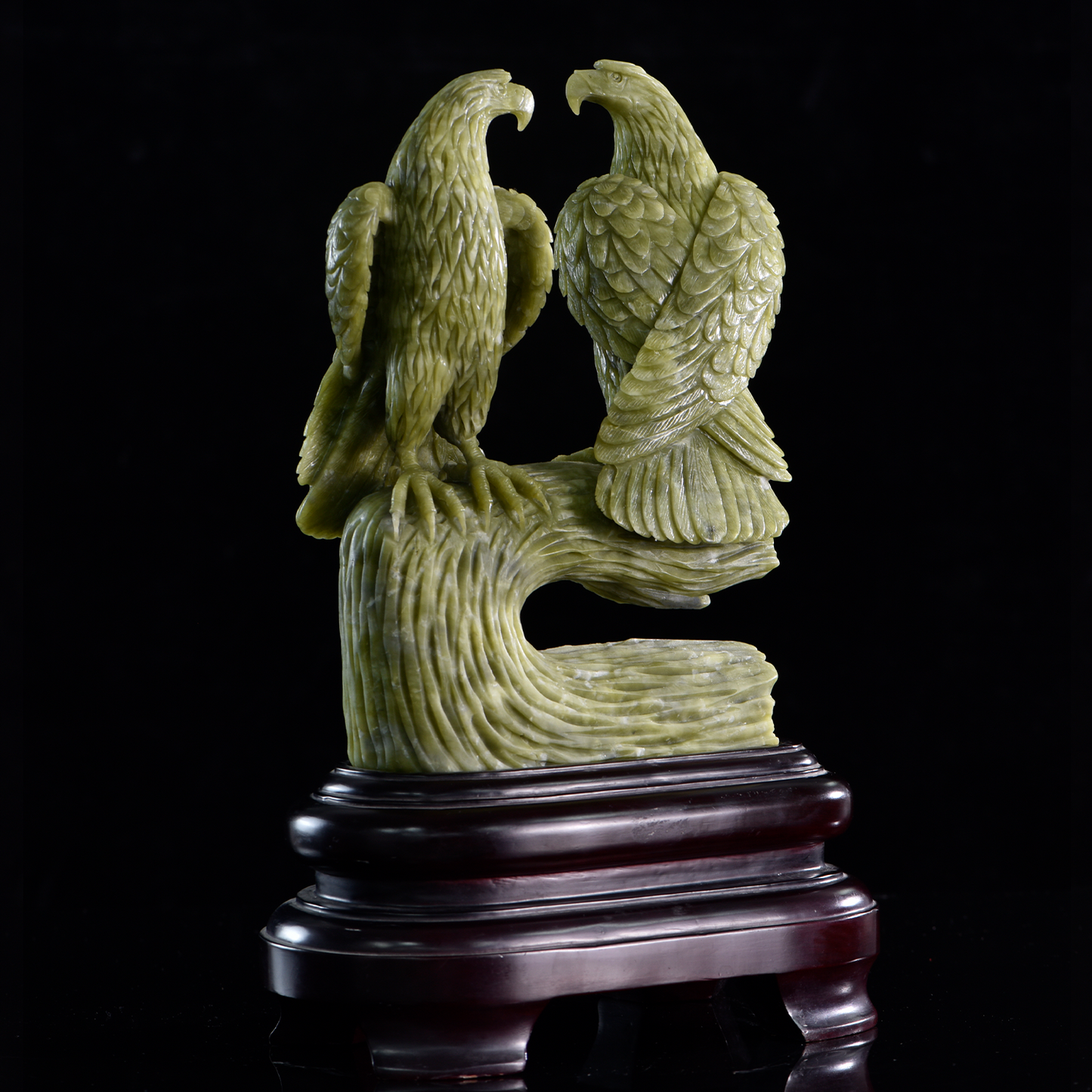 ‘Twin Sovereigns’ - Hand-Carved Serpentine Eagles on Gnarled Branch · Specimen No. 12