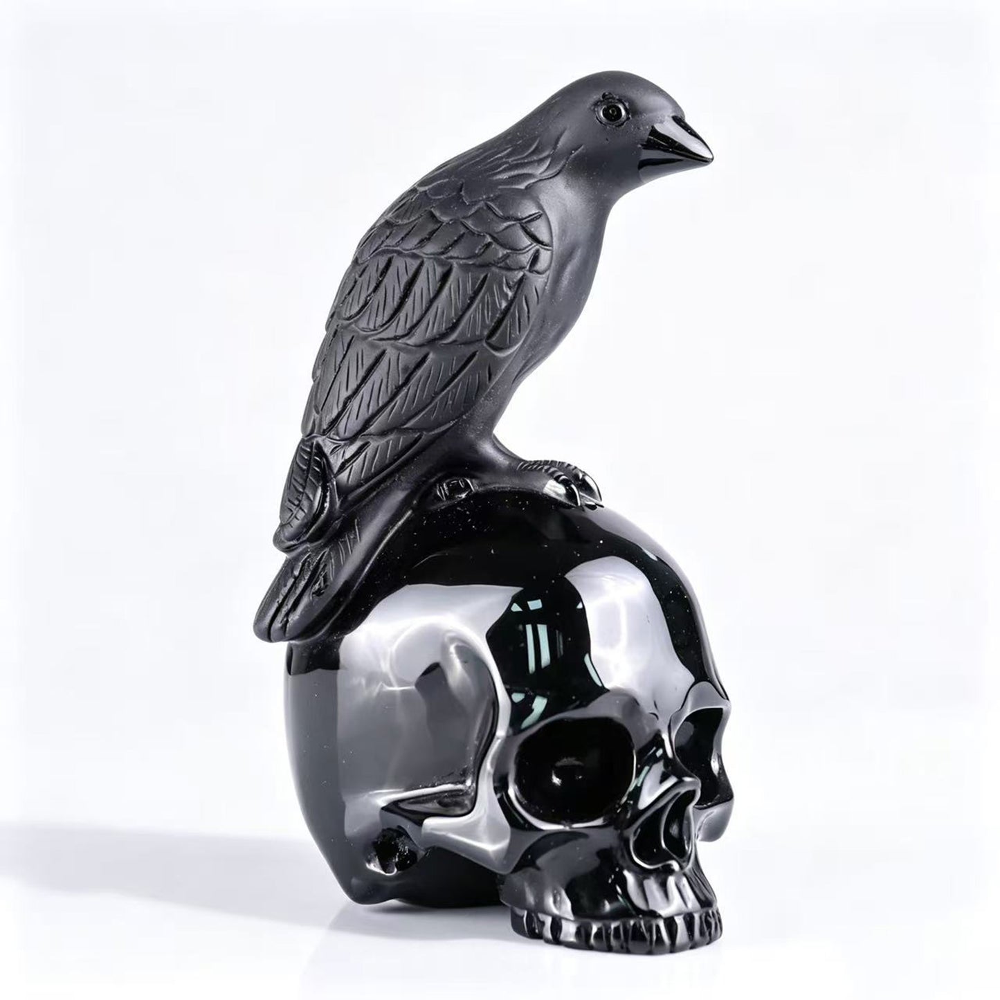 Black Obsidian Crystal Skull with Raven