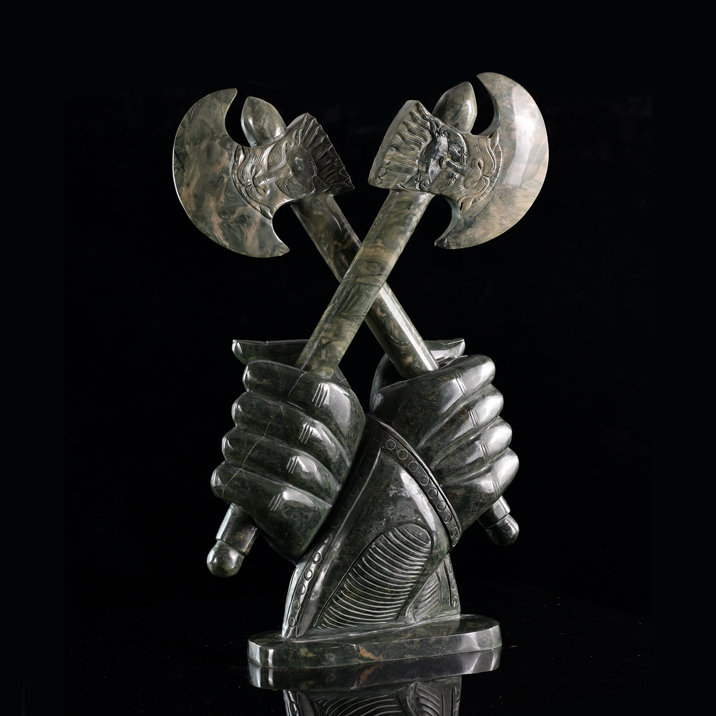 ‘Warlord’s Vow’ - Nine Dragon Jasper Armored Hands with Crossed Axes · Specimen No. 06
