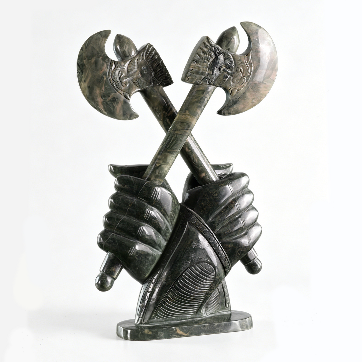 ‘Warlord’s Vow’ - Nine Dragon Jasper Armored Hands with Crossed Axes · Specimen No. 06