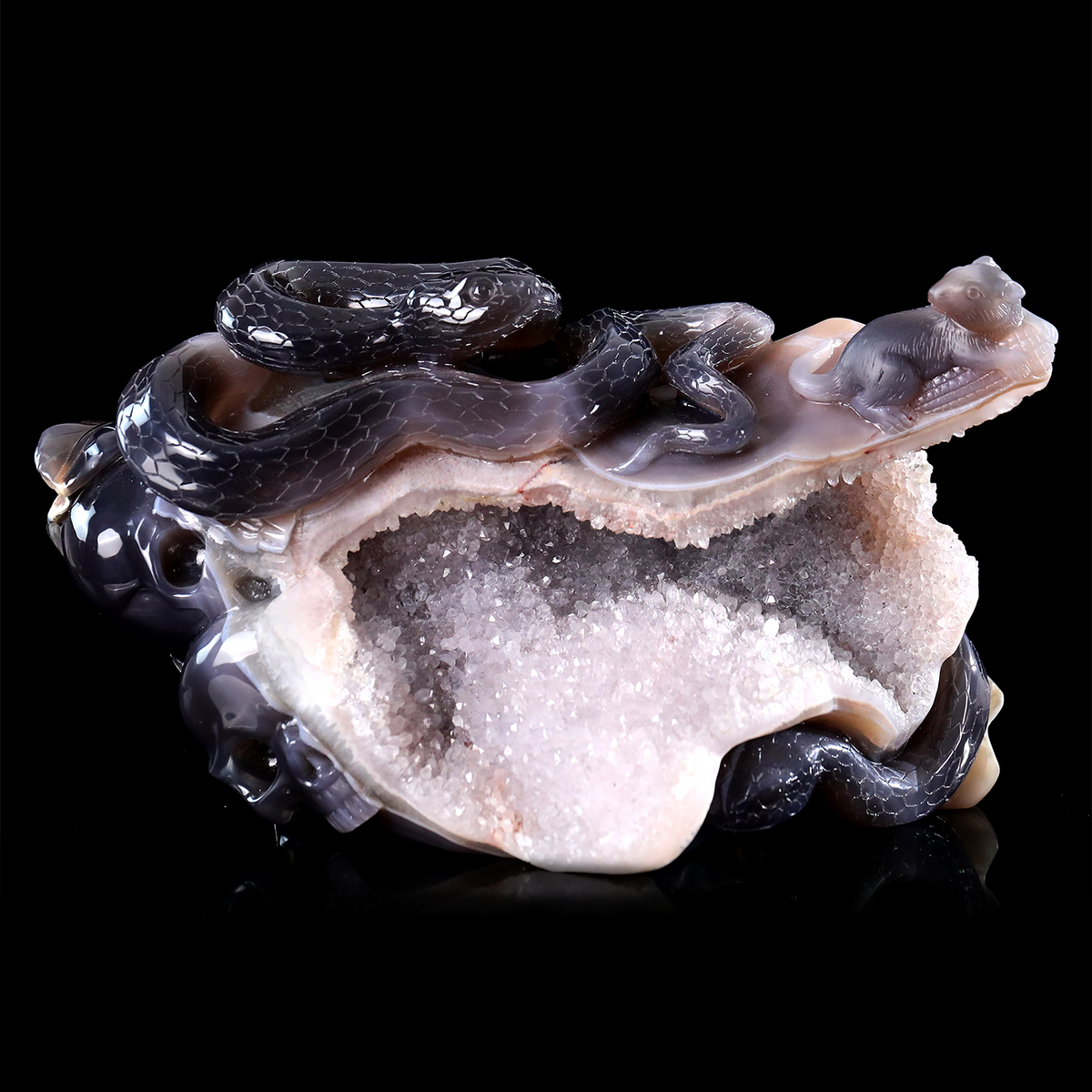 'The Silent Stare’ - Agate Serpent and Mouse on Quartz Geode · Specimen No. 21