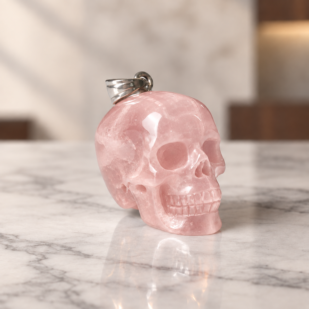 Rose Quartz Human Skull Pendant