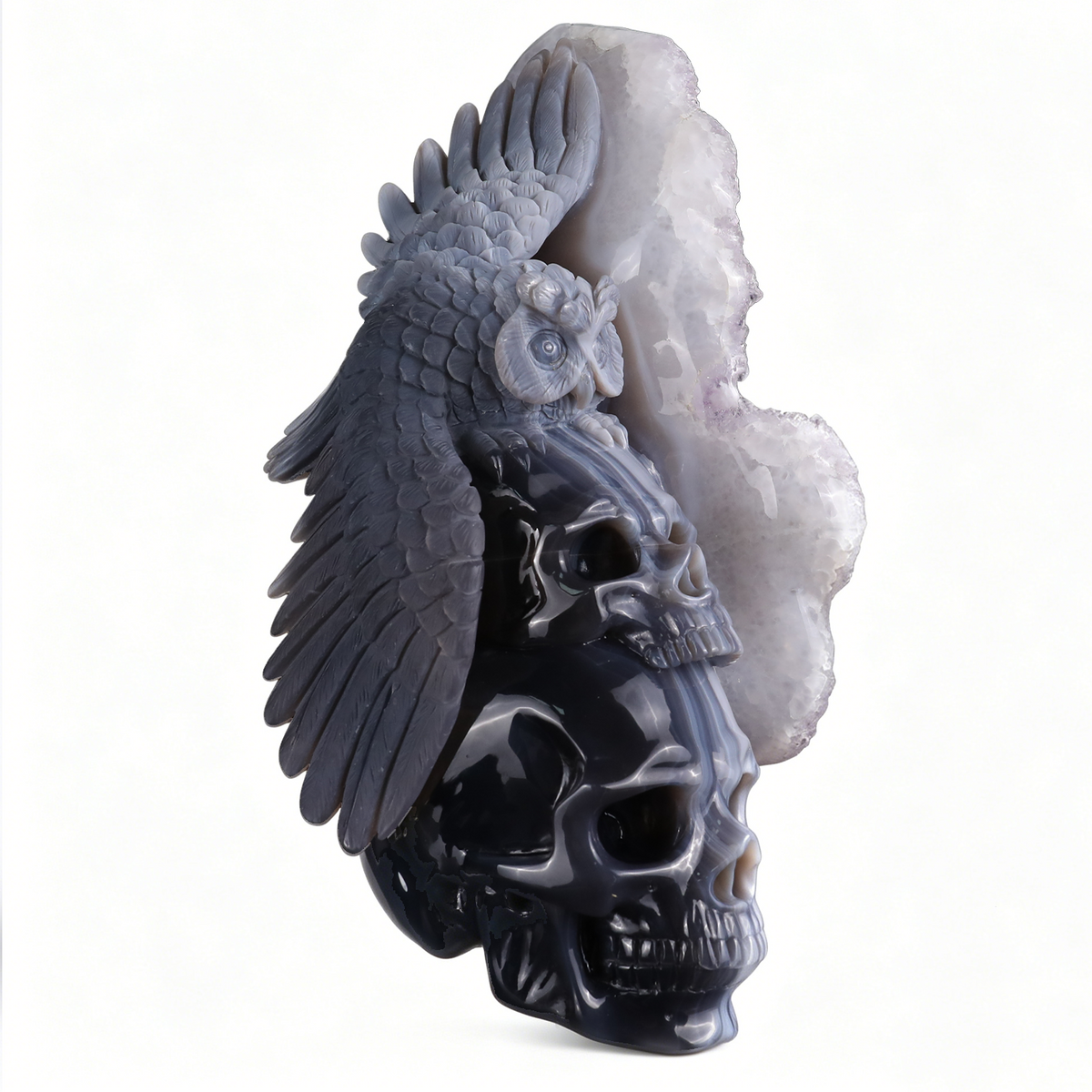 ‘The Owl of Minerva’ - Hand-Carved Agate Owl and Stacked Skulls on Amethyst Druzy Slab · Specimen No. 11