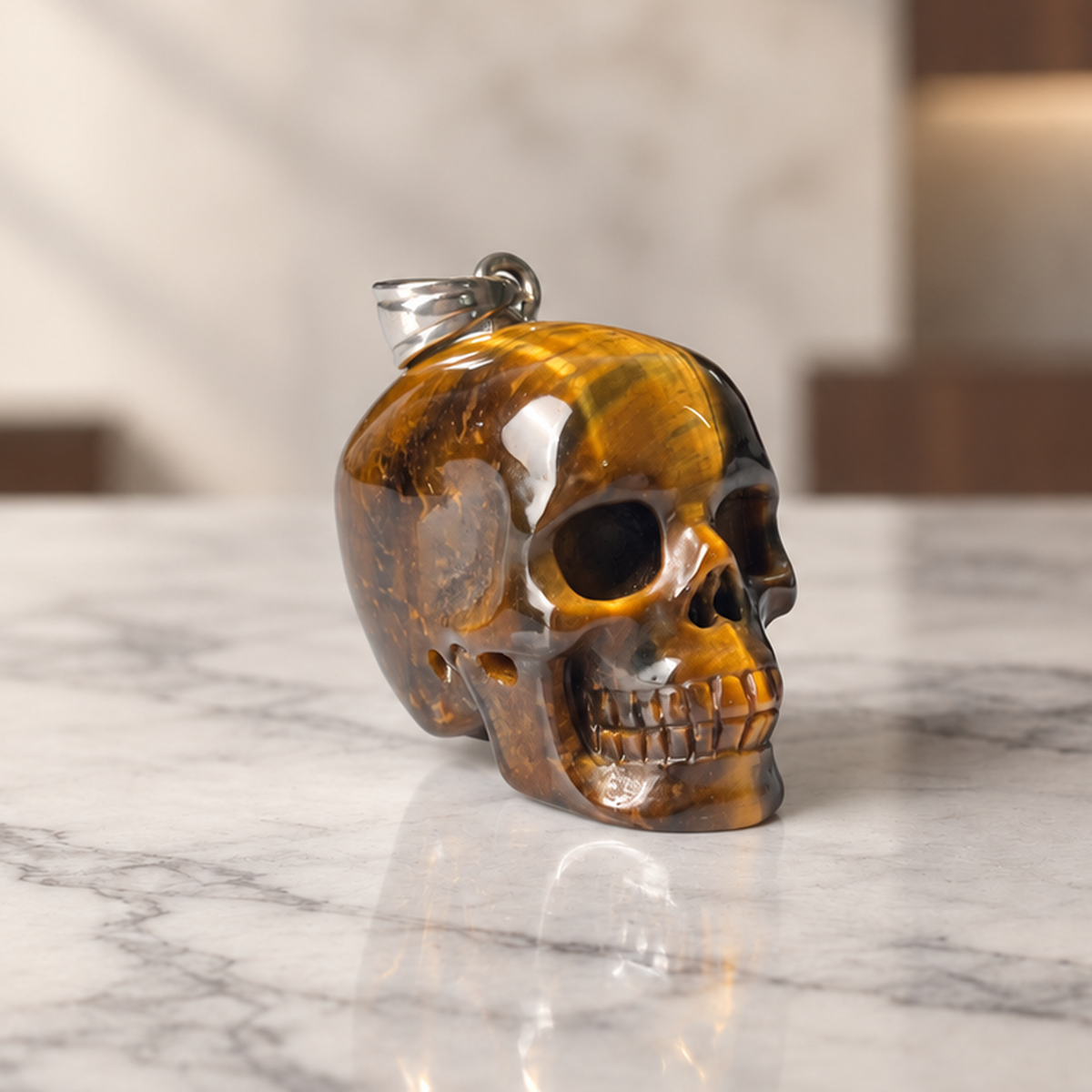 Tiger Eye Stone Human Skull Pendent