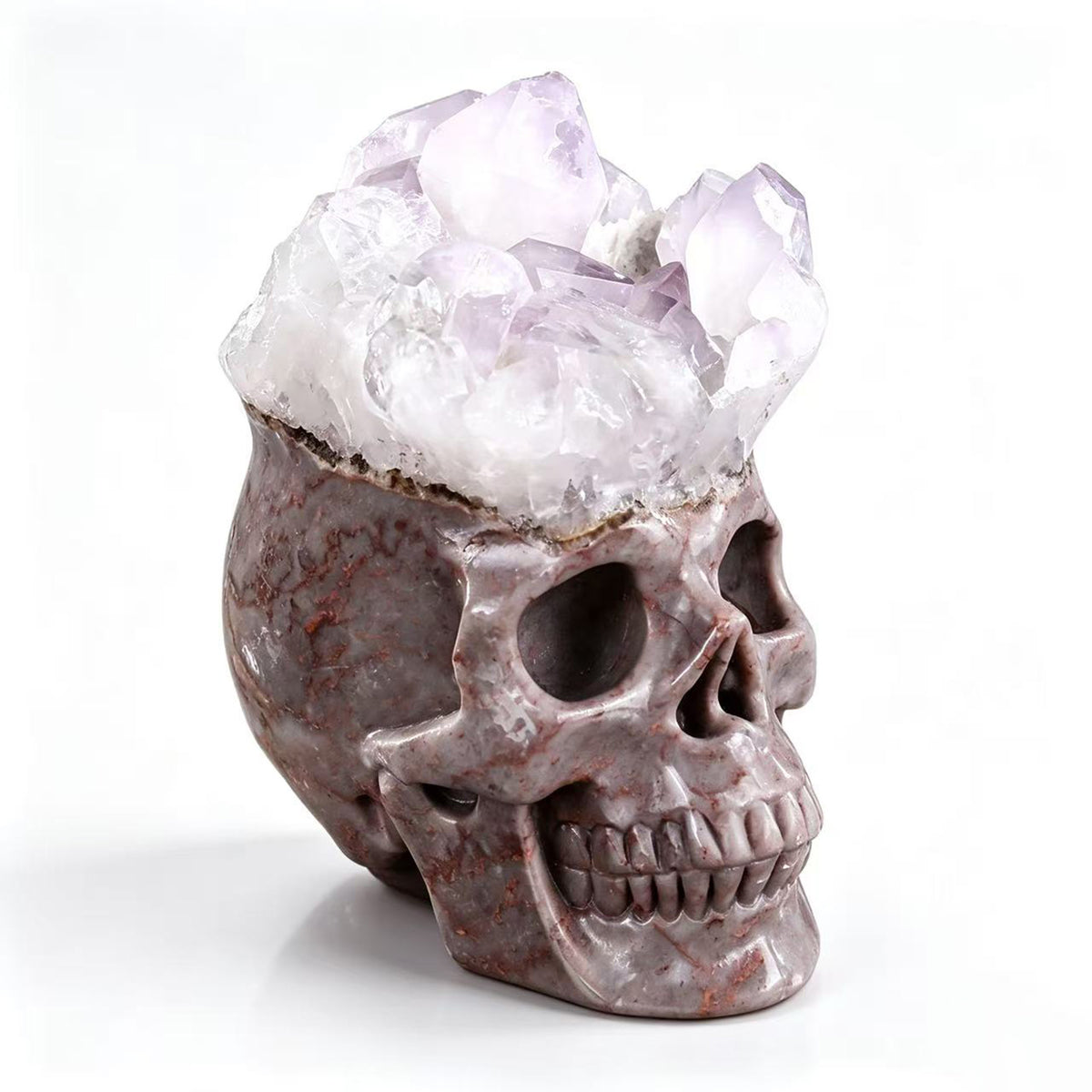 ‘Prismatic Peak’ - Pink Agate Skull with Raw Amethyst Points · Specimen No. 10