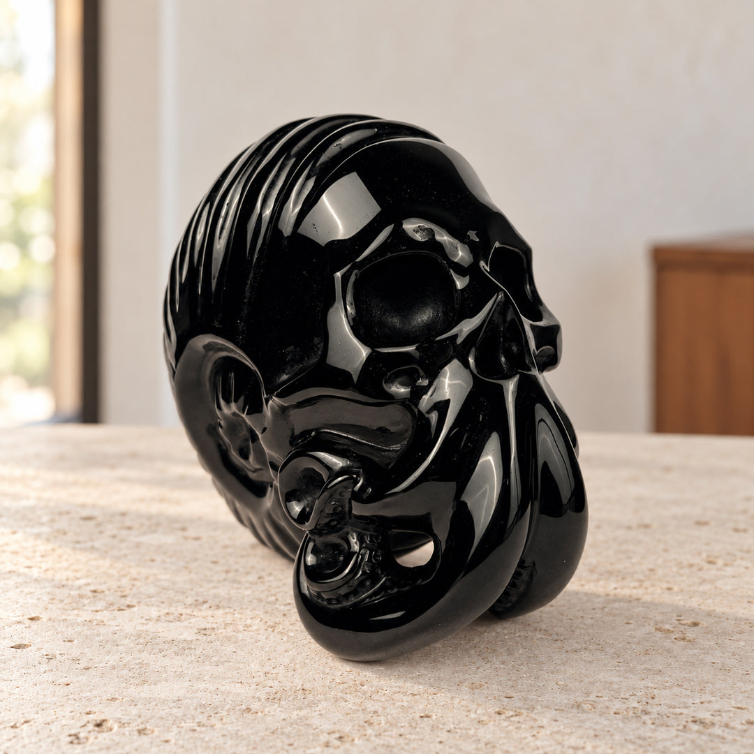 Black Obsidian Ammonite Octopus Skull
