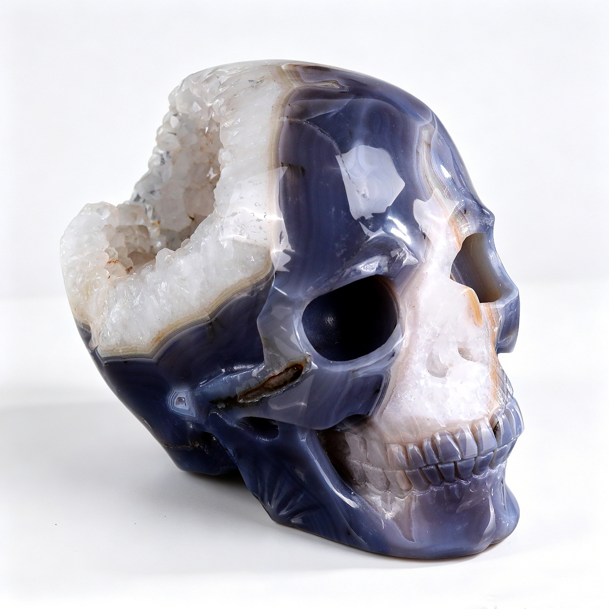 ‘The Lunar Grotto’ - Agate Geode Skull with Raw Quartz Druzy Pocket · Specimen No. 02