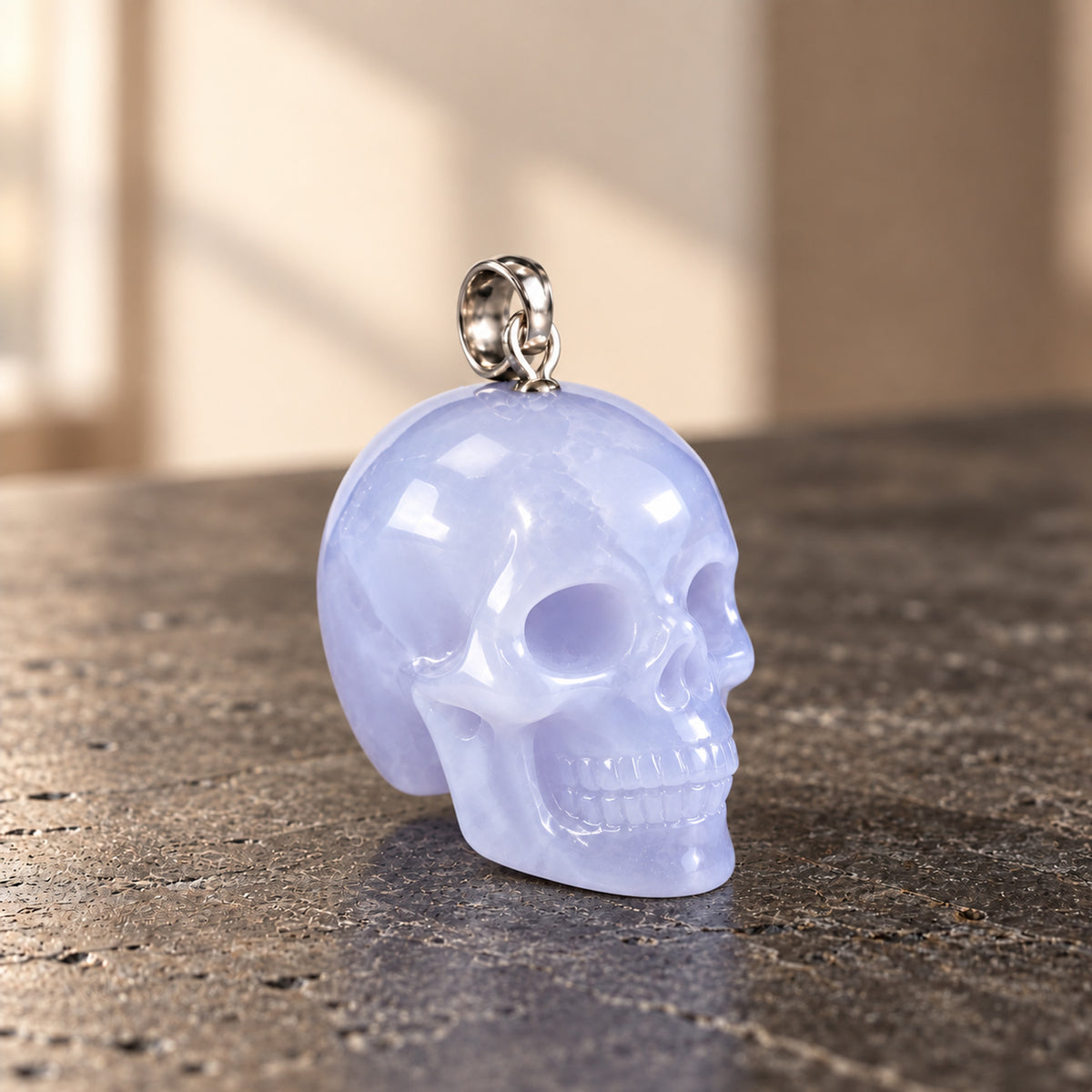 Blue Chalcedony Human Skull Pendant