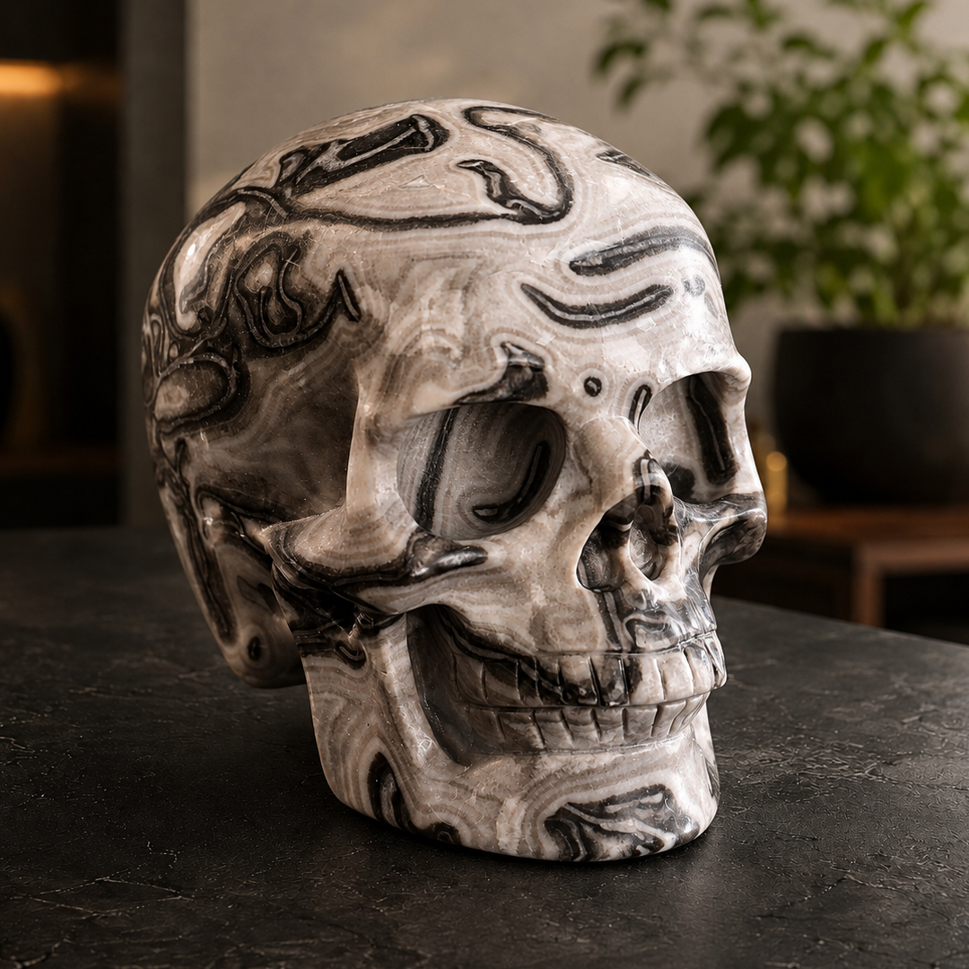 4.5 Inch Black Crazy Lace Agate Crystal Skull – Hand Carved Natural Stone
