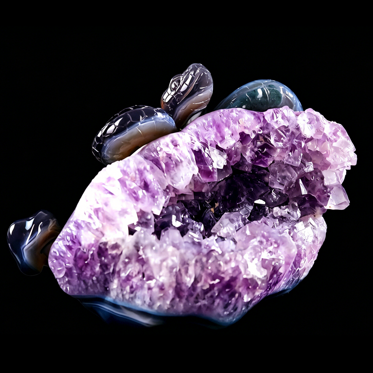 ‘The Violet Citadel’ - Coiled Banded Agate Sentinel in Raw Amethyst Cave · Specimen No. 28