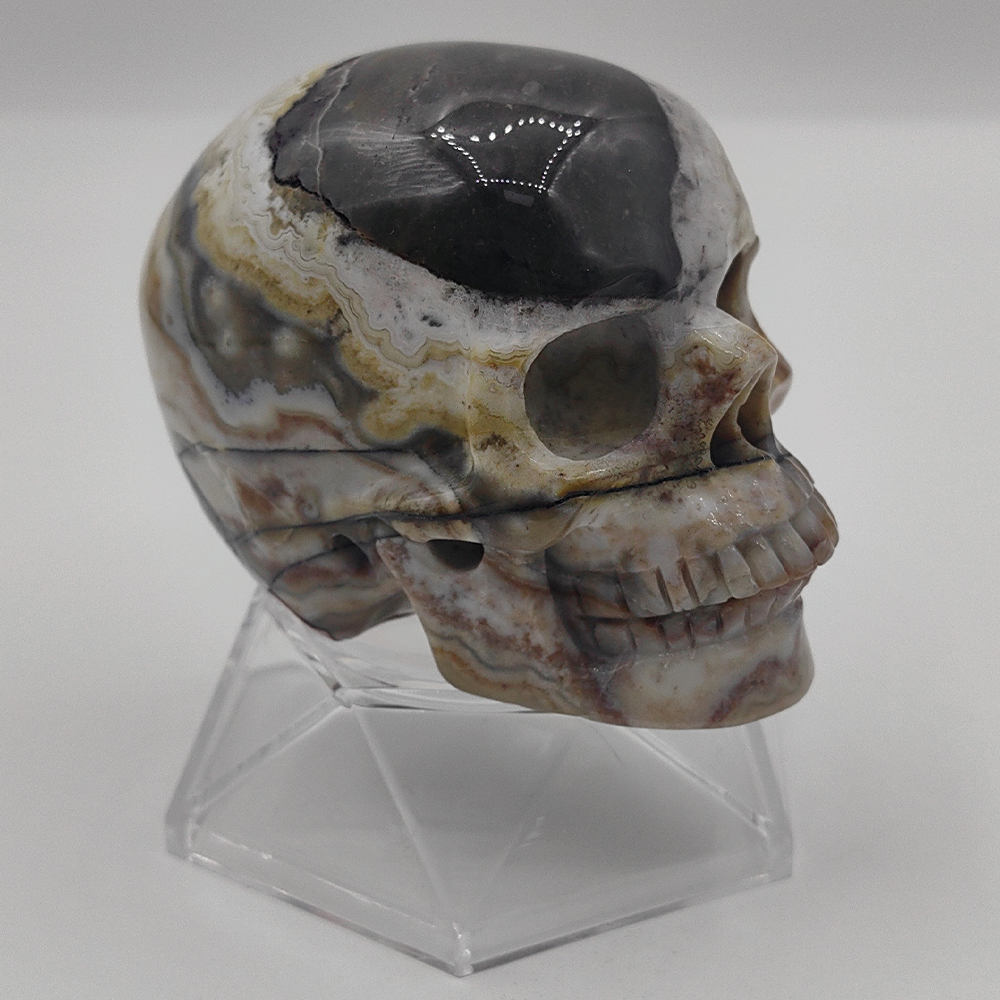 3 Zoll großer, handgeschnitzter Totenkopf aus rotem Crazy Lace Achat-Kristall – Naturstein