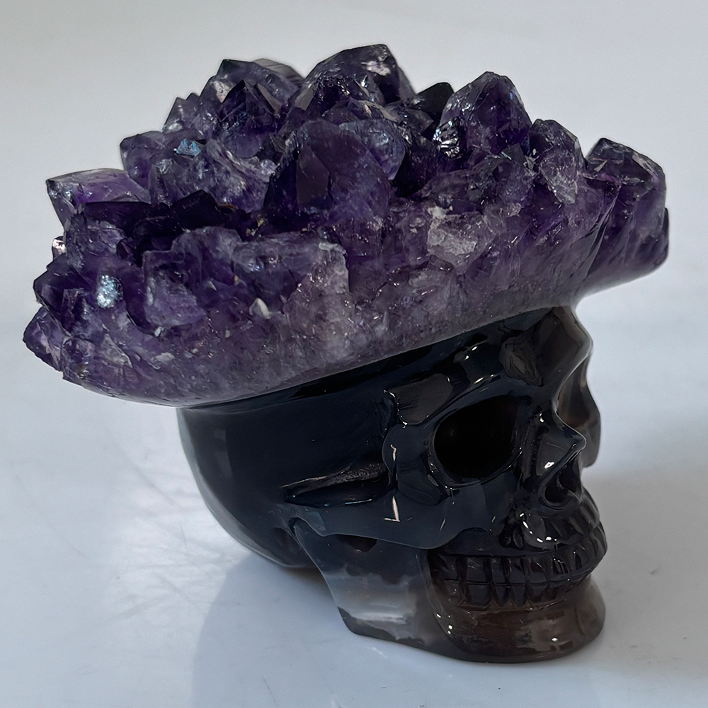 3 inch Amethyst Cluster Crown Crystal Skull - Hand Carved Natrual Crystal