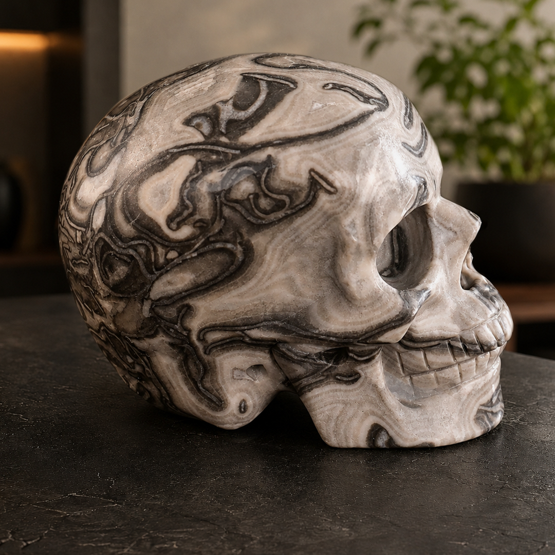 4.5 Inch Black Crazy Lace Agate Crystal Skull – Hand Carved Natural Stone