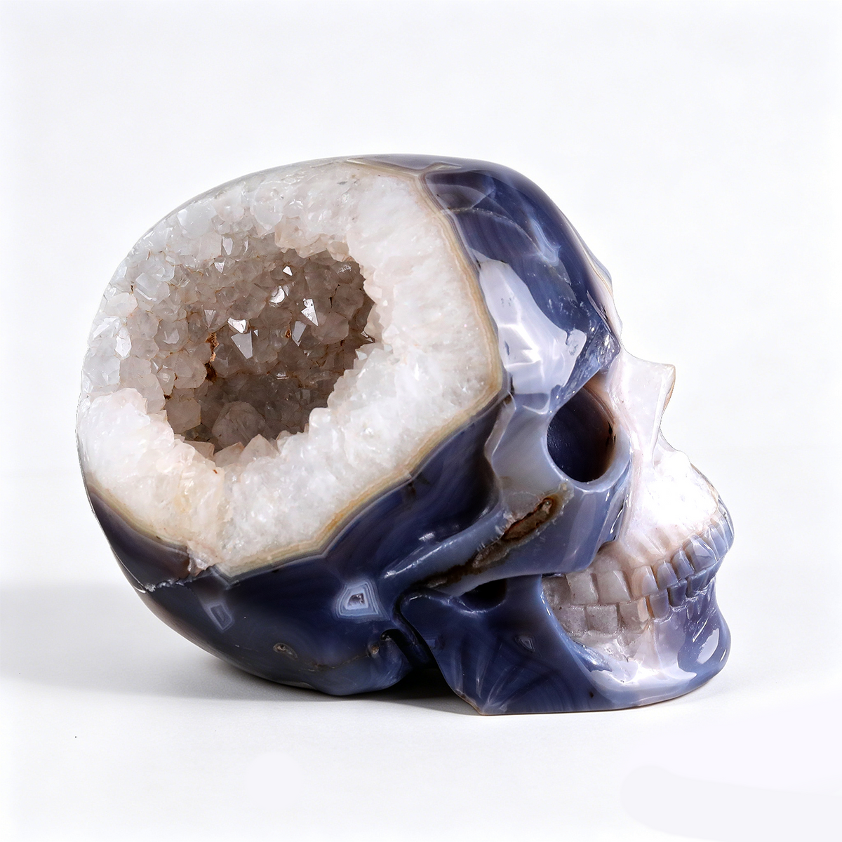 ‘The Lunar Grotto’ - Agate Geode Skull with Raw Quartz Druzy Pocket · Specimen No. 02