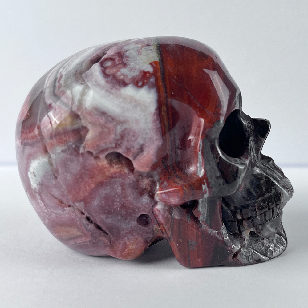 Crâne en cristal d'agate Crazy Lace rouge de 7,6 cm (3 pouces) – Pierre naturelle sculptée à la main