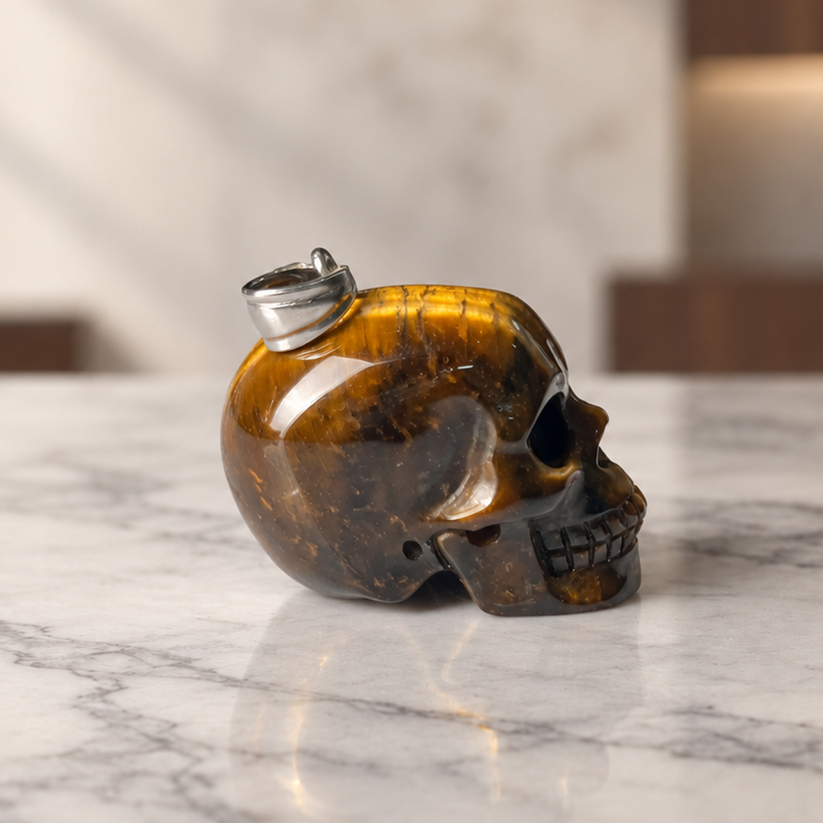 Tiger Eye Stone Human Skull Pendent