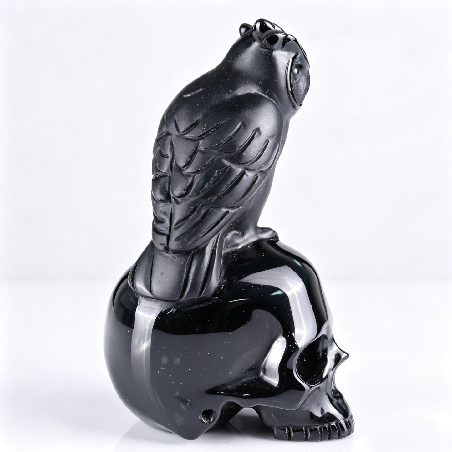 4" Black Obsidian Crystal Skull with Owl