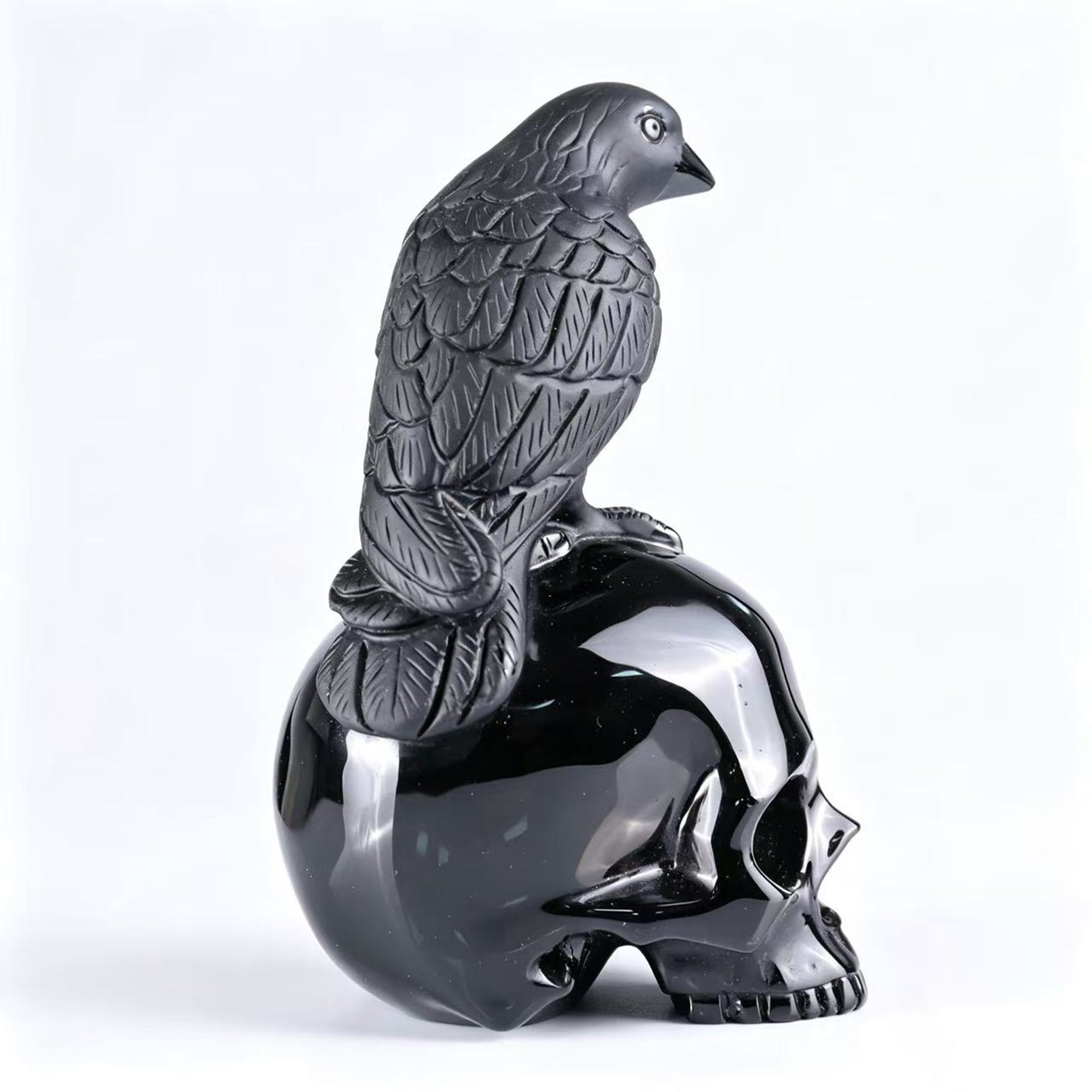 Black Obsidian Crystal Skull with Raven
