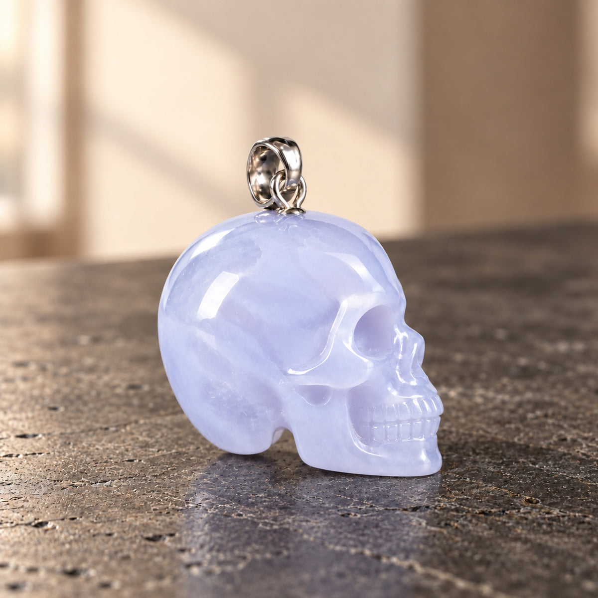 Blue Chalcedony Human Skull Pendant