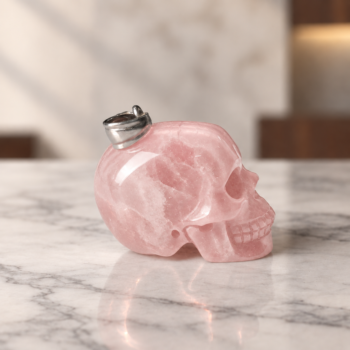 Rose Quartz Human Skull Pendant