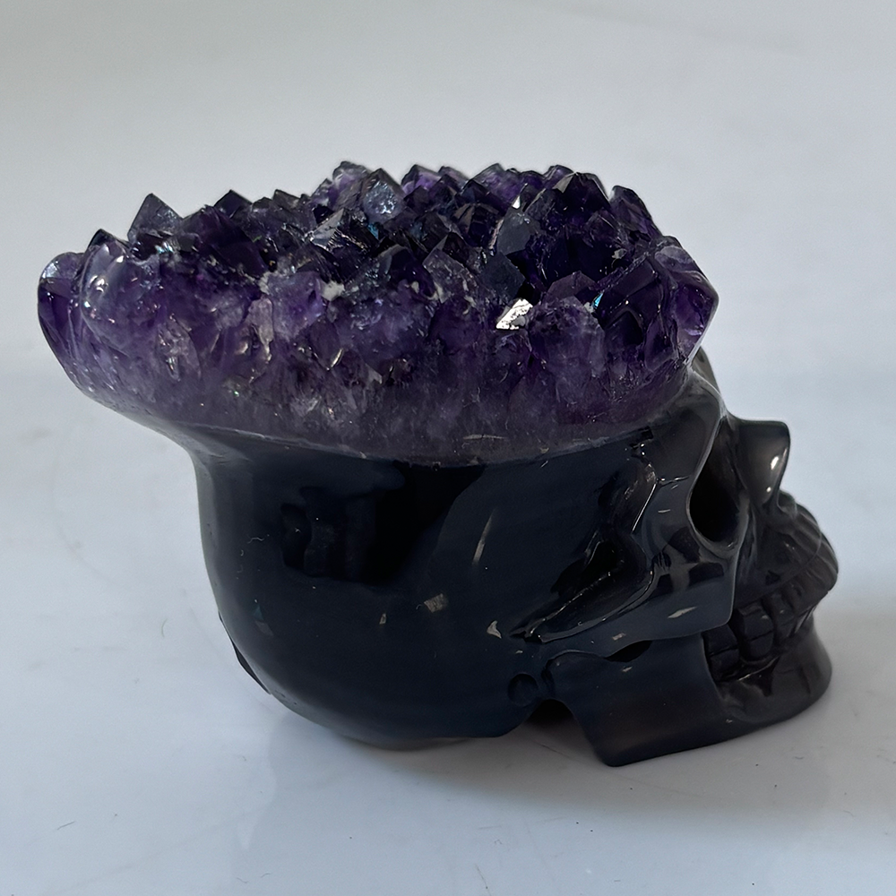 3 inch Amethyst Cluster Crown Crystal Skull - Hand Carved Natrual Crystal