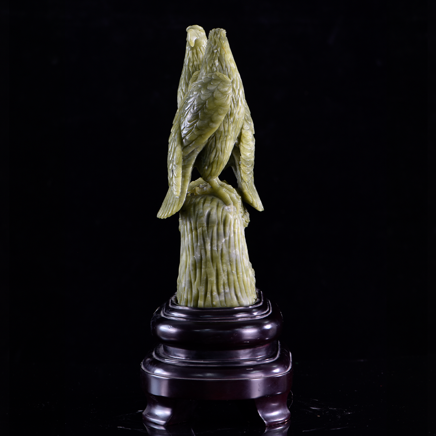 ‘Twin Sovereigns’ - Hand-Carved Serpentine Eagles on Gnarled Branch · Specimen No. 12