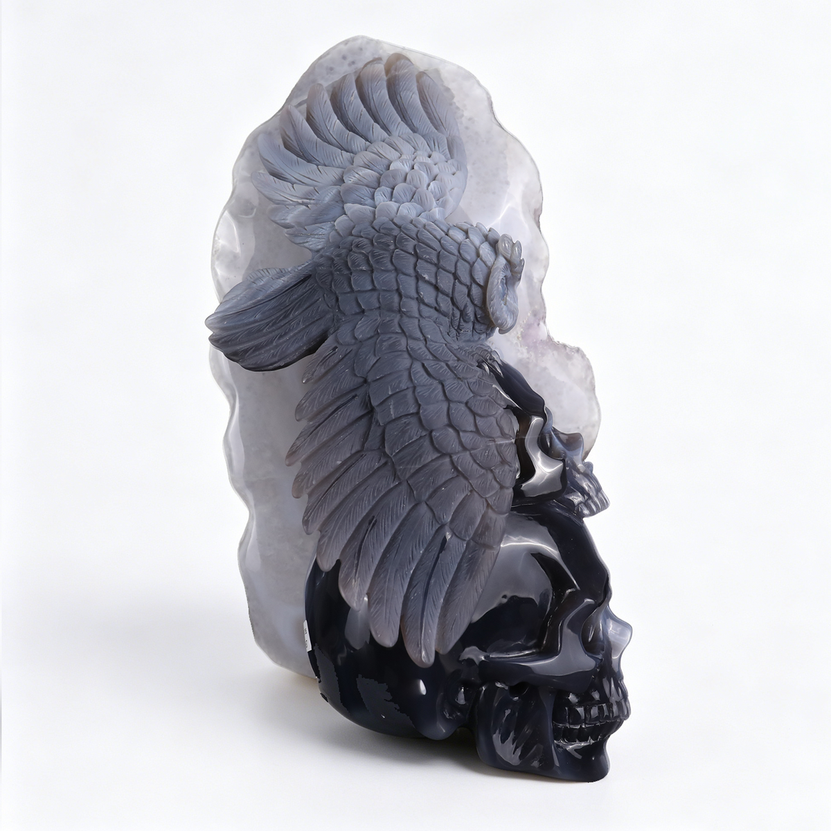 ‘The Owl of Minerva’ - Hand-Carved Agate Owl and Stacked Skulls on Amethyst Druzy Slab · Specimen No. 11