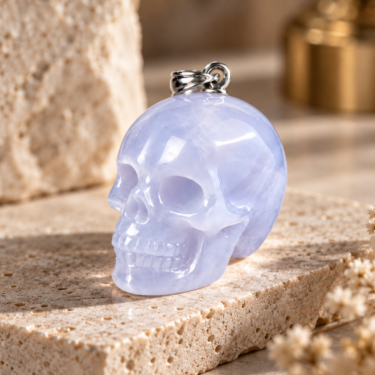 Blue Chalcedony Human Skull Pendant
