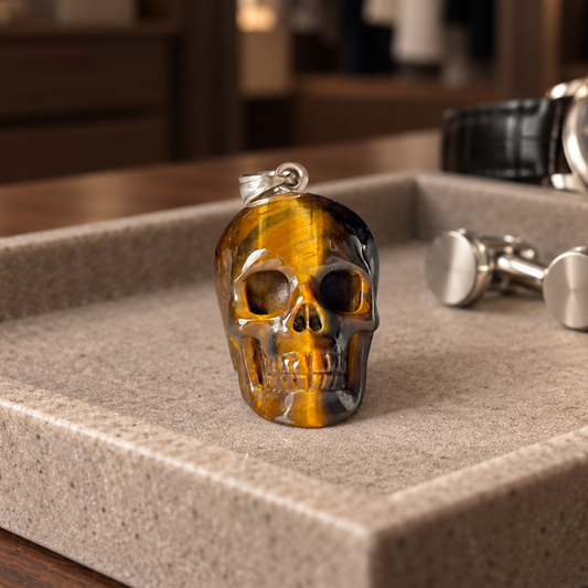 Tiger Eye Stone Human Skull Pendant