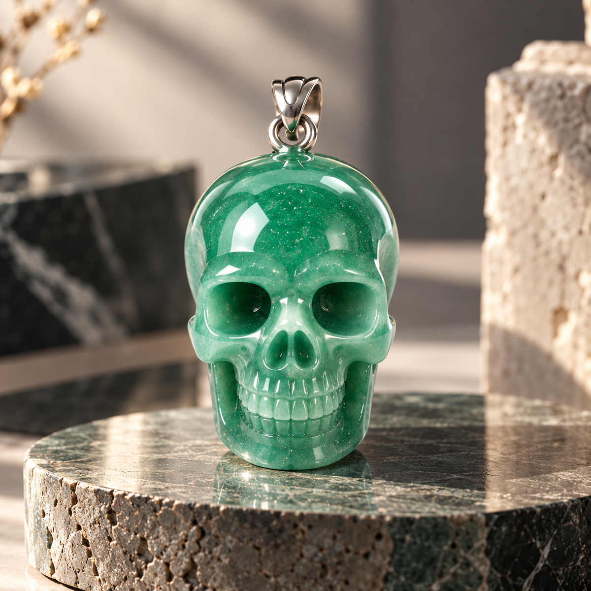 Green Aventurine Human Skull Pendant