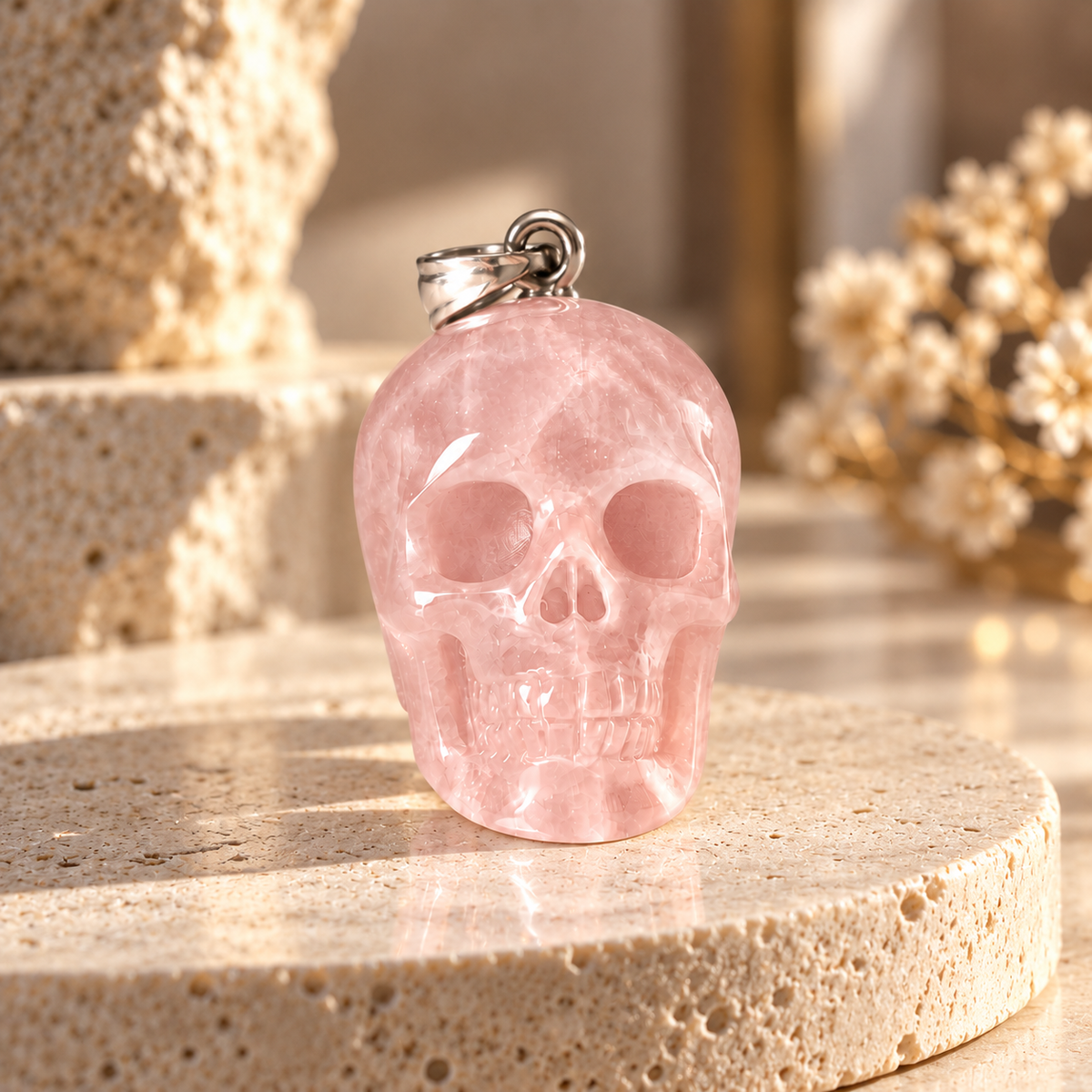 Rose Quartz Human Skull Pendant