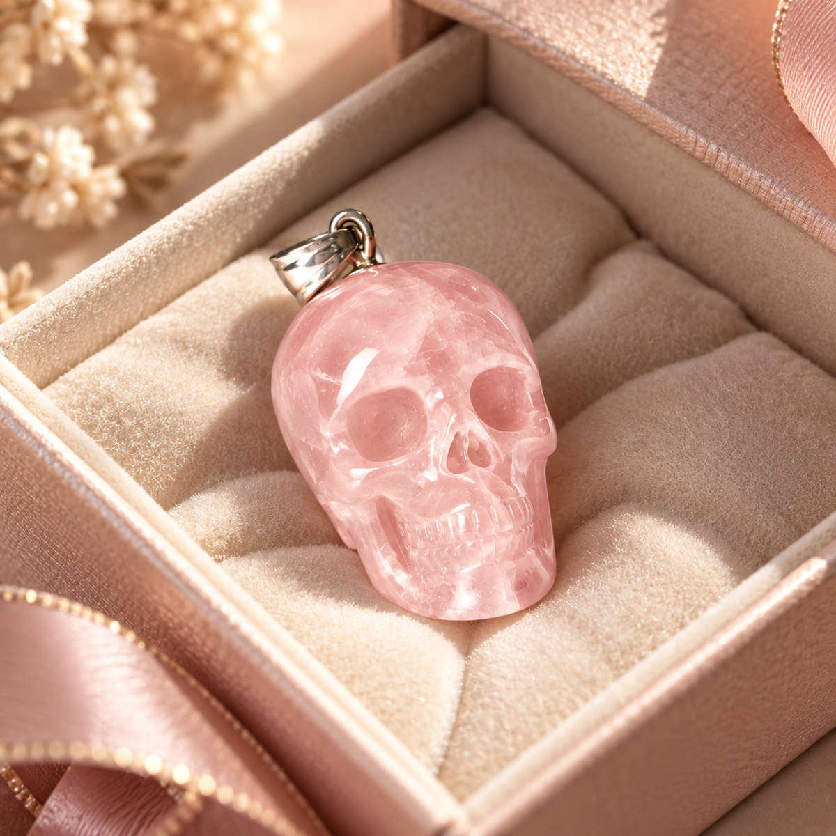 Rose Quartz Human Skull Pendant