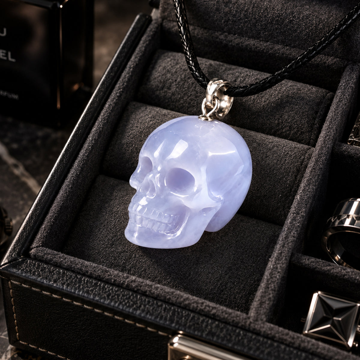 Blue Chalcedony Human Skull Pendant