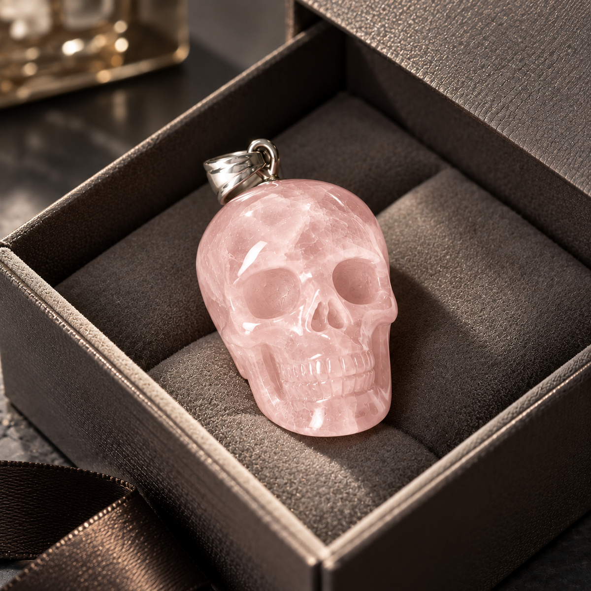 Rose Quartz Human Skull Pendant